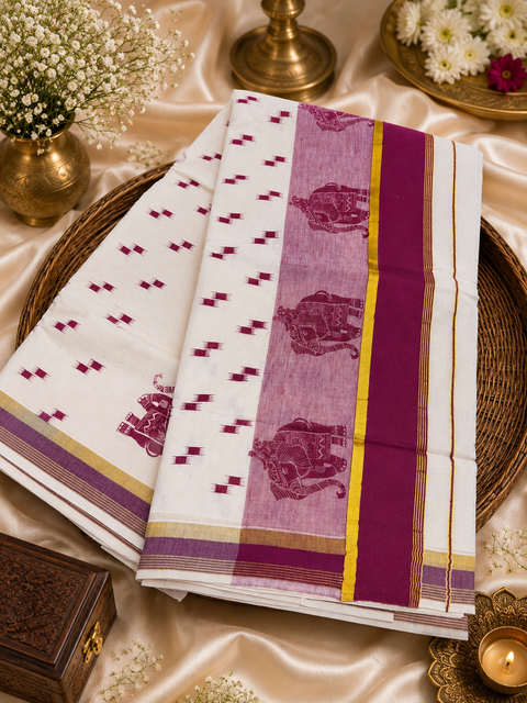 KERALA KASAVU COTTON SAREE WITH BEAUTIFUL ELEPHANT PRINT (slight variation in color & design is possible)