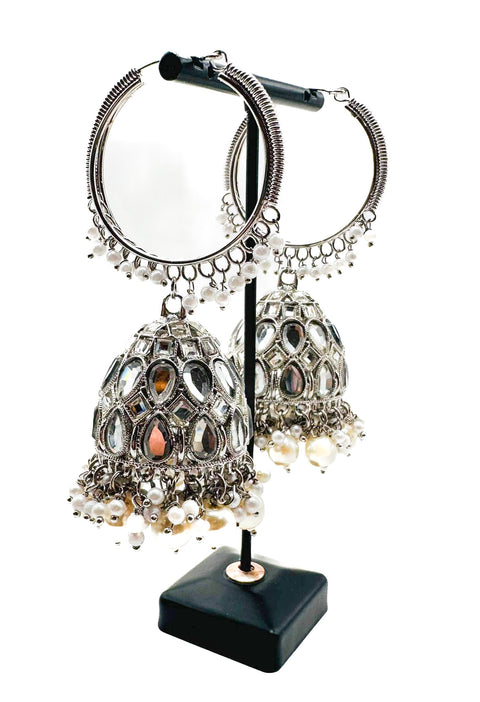 Silver stone with pearls work beautiful Jhumka Balian big size