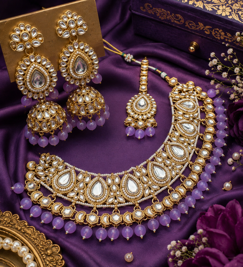 Kundan stone with pearls beaded necklace set with beautiful earrings & tikka