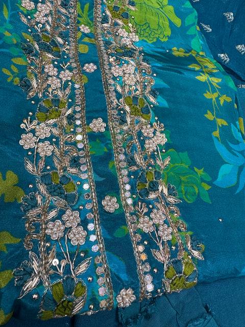 (Clip attached) Firozi color pure crepe silk based handwork kameez with rayon bottom fabric (2.75 mtrs) and chiffon based heavy hand work dupatta