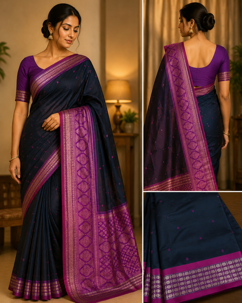 Premium Art Silk Saree Featuring Elegant Zari Weaving, Saree Comes With An Attached Blouse Piece. Model Blouse Is For Reference Only. Slight Variation In Colour And Design May Occur