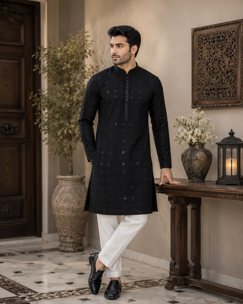 Pure Rayon Based Beautiful Embroidery Work At Front And Back With Sequins Work Designer Kurta & cream Pajama (slight variation in color & design is possible)