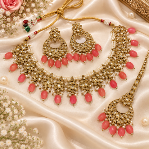 Beautiful polki stones with pearls and colorful stones necklace & earrings with Tikka. Slight variations in colour and design are possible.