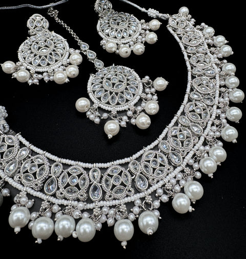 Original Polki stone with pearls beaded heavy work classy necklace with earrings and tikka set