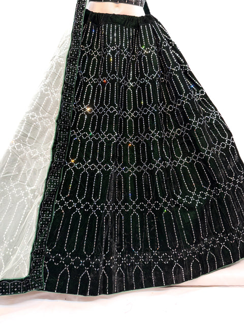 Green Black Velvet based Shiny Crystals work heavy flared Ken Ken Party Wear Designer Lehnga with netting dupatta and designer blouse (unstitched lehnga & Blouse) Video clip attached