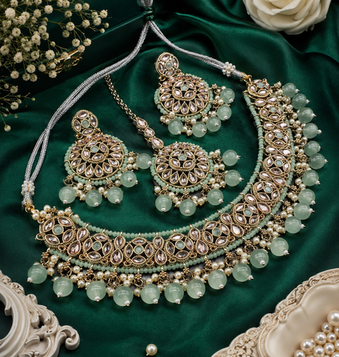 Original Polki stone with pearls beaded heavy work classy necklace with earrings and tikka set