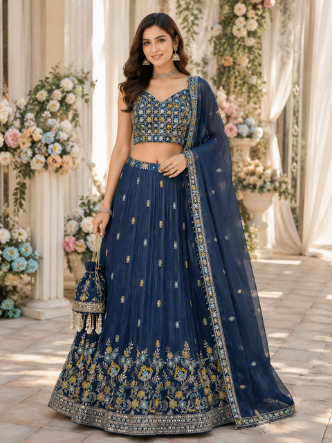 Georgette based embroidery with hand work crop top designer blouse with lehnga and Georgette dupatta ( slight variations in color and design is possible)