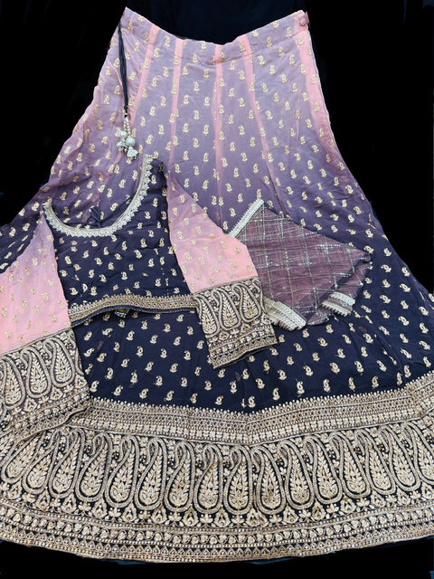 Ombré Shades Georgette Based Heavy Embroidery With Stone Work At Front And Back Designer Flared lehnga & blouse And Netting Based sequins Work Dupatta