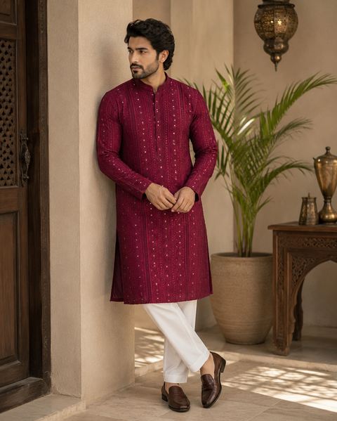 Pure Rayon Based Beautiful fine Embroidery Work At Front And Back With Sequins Work Designer Kurta & cream Pajama