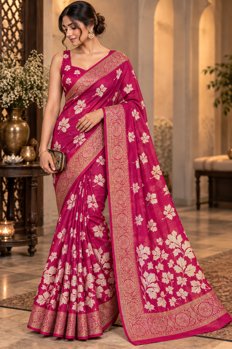 Soft Georgette Printed Saree – Lightweight and flowy with elegant all-over print and border. Matching blouse piece attached; model blouse is for reference only. Slight variation in colour/design is possible.