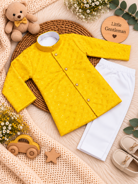Soft Rayon chikankri sequin based Newborn Kurta Pajama Set with soft inner lining, easy front-open kurta & matching elasticated pajama for comfortable wear.Kurta L 35 cm,Chest 25 cm,Sleeve24 cm,Pajama L 33 cm.Slight variation in colour & design may occur