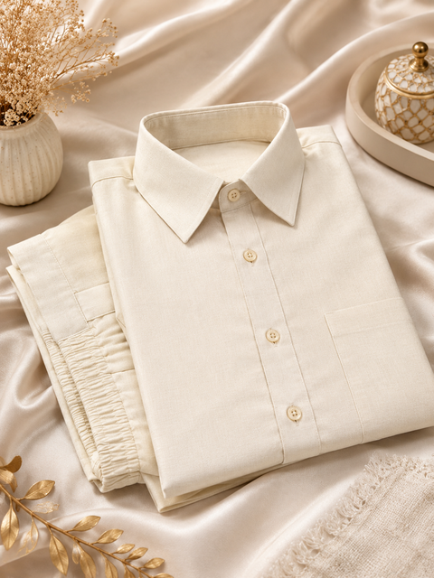 Cream colour linen based kurta with pants (slight variation in color and design is possible )