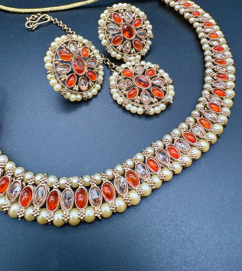 Polki And Pearls Work Beautiful Necklace Set With studs & Tikka