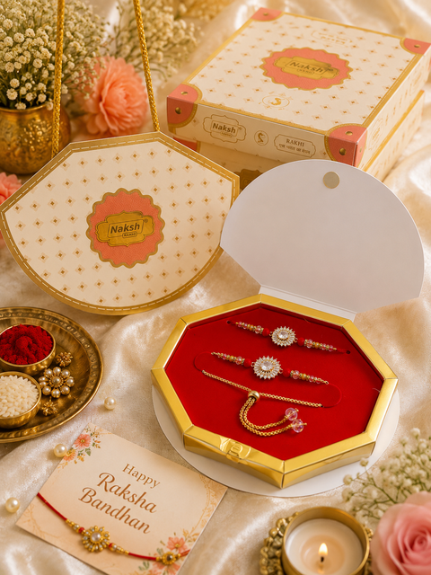 Beautiful Bhai-Bhabhi Rakhi Set featuring elegant stone work with delicate bead detailing and a stylish Bhabhi bracelet. Comes in a beautiful premium gift box, perfect for Raksha Bandhan.