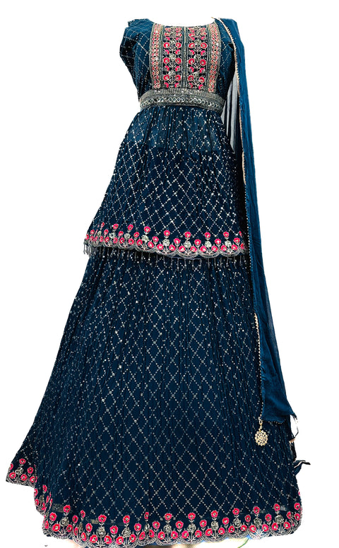 Georgette based embroidery work with mirror & Sequinned work design beautiful flared Kameez with georgette multiflared Lehnga and plain dupatta