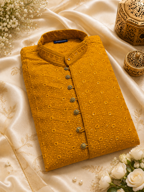 Georgette based Heavy embroidery with sequined work designer Kurta with white Pajama (slight variation in color & design is possible)
