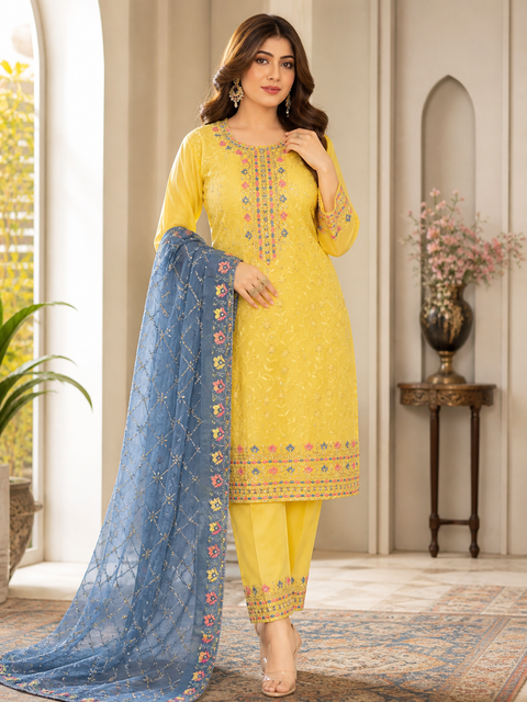 Cotton Silk based embroidery work designer kameez with embroidery design plazo pants and georgette based embroidery jaal dupatta)slight variance in color and design is possible)
