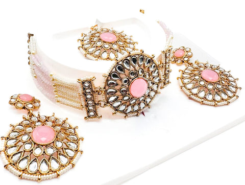 Pearls beaded with Kundan stone beautiful choker necklace with Earrings & Tikka
