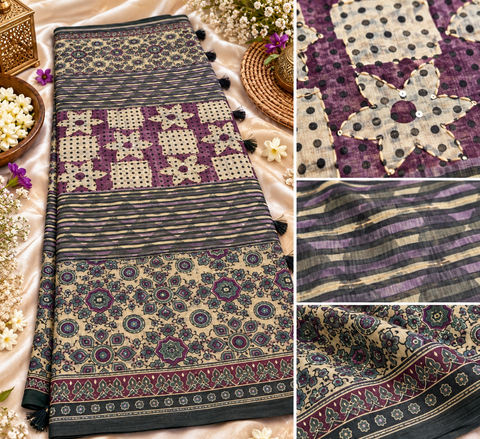 Elegant Chanderi cotton silk saree featuring delicate dotted prints, a beautifully detailed floral pallu and traditional printed border. Lightweight, graceful and perfect for festive or elegant day wear.