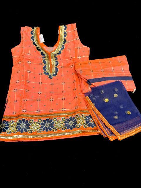 Dark Peachy pink and nevi blue check punjabi suit with contrast dupatta