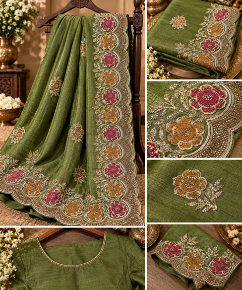 Soft Olive Soft Silk Saree with a subtle shimmer, all-over delicate motifs and rich floral handwork on a scalloped border. Attached blouse piece included; model blouse is for reference only. Slight variation in colour and design is possible.