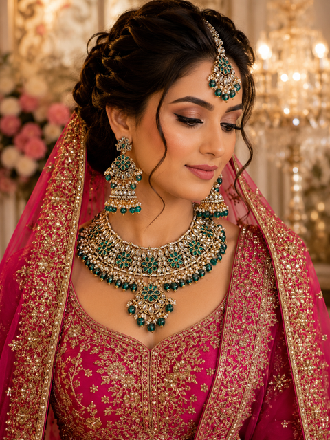Elegant Kundan Bridal Necklace Set featuring delicate pearl detailing and timeless royal charm (slight variation in color and design is possible)