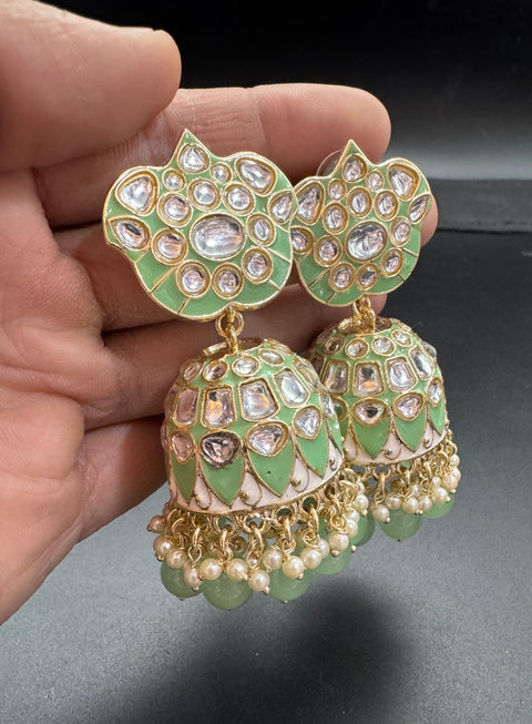 Bigger size Kundan Stone With Pearls Work Beautiful Meenakari Jhumka