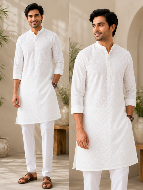 White colour cotton  based chikankari work kurta with white pajama(slight variation in color and design is possible)