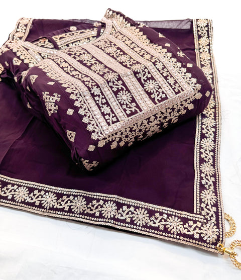 Georgette based embroidery with sequined work designer flared kameez /gown with tights and georgette  based embroidery work dupatta