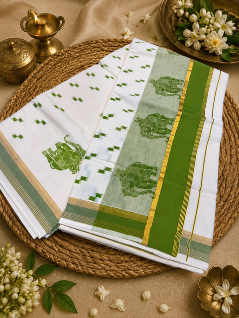 KERALA KASAVU COTTON SAREE WITH BEAUTIFUL ELEPHANT PRINT (slight variation in color & design is possible)