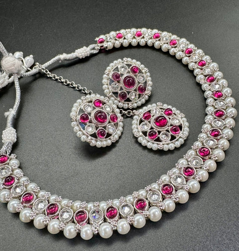 Kundan And Pearls Work Beautiful Necklace Set With studs & Tikka