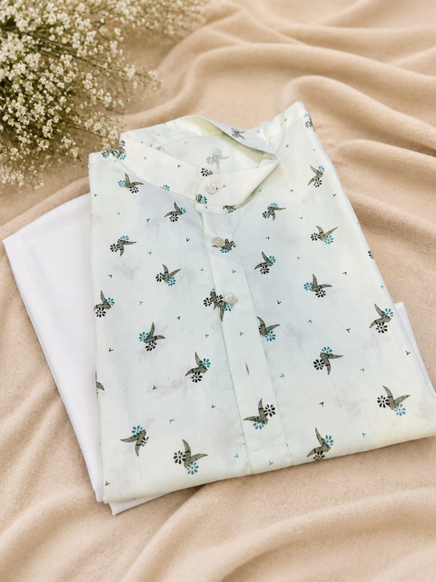 Pastel Aqua colour cotton kurta with pajama pants (slight variation in color and design is possible )
