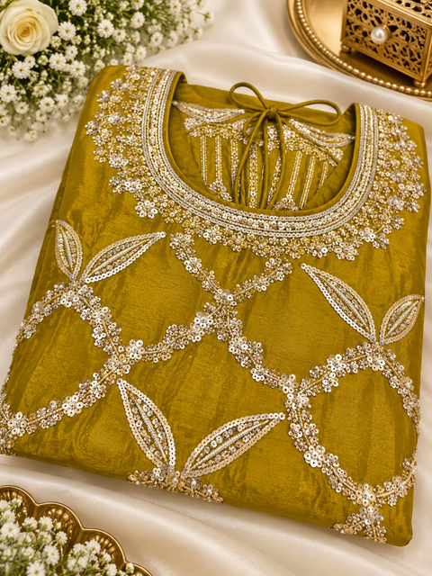 Heavy handwork & shiny stone work kameez with loose circular plazo and beautiful dupatta. Includes approximately 2-inch margin on both sides for size expansion. Slight variation in colour and design is possible