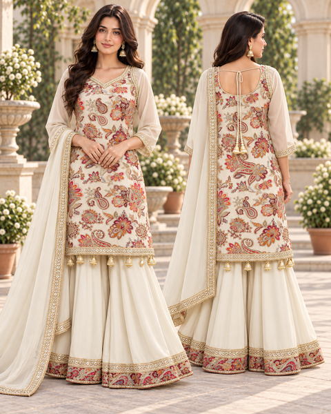 Crepe Silk based embroidery worn kameez with circular plazo & dupatta .Slight variation in colour/design possible