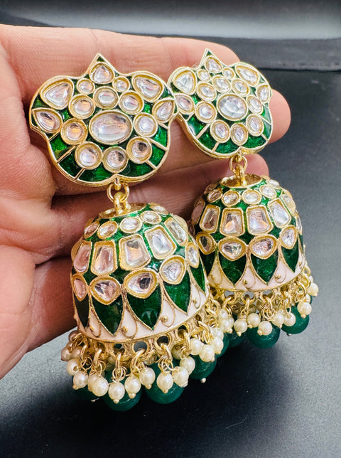 Bigger size Kundan Stone With Pearls Work Beautiful Meenakari Jhumka