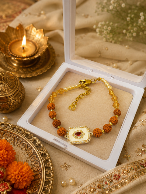 Premium Rudraksha bracelet-style Rakhi with elegant crystal and pearl detailing, beautifully packed in a luxury gift box for your beloved brother