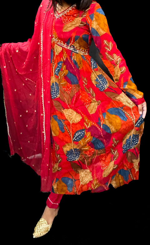 Pure chinnon georgette based Printed with embroidery work & Mirror work designer Kurti with Plazo Pants & beautiful Dupatta