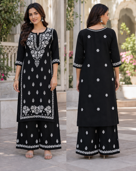 Very soft rayon-based kurti with elegant Lucknowi embroidery at front & back, giving it a graceful and timeless look. Pants are not included – this is kurti only. Slight variation in color and design is possible.