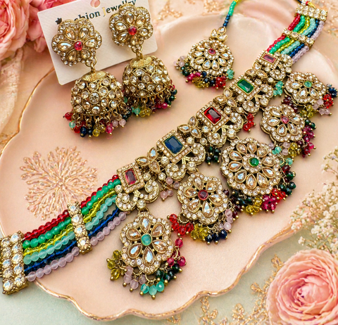Original Polki stone with pearls beaded work beautiful necklace with jhumka and tikka set