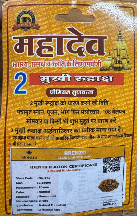 2 Mukhi Original and certified Rudraksh , Description and certificate attach( barcode can be scanned to check the certificate)