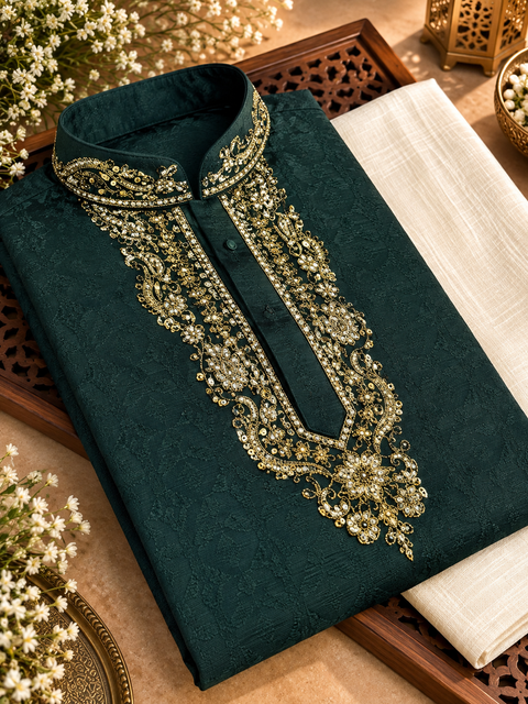 Soft jacquard silk-blend kurta with gold embroidery and Comes with a cream-golden pajama.
Slight variation in colour and design is possible.
