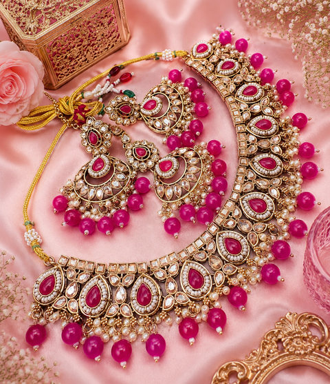 Polki stone with pearls beaded work beautiful necklace with jhumka and tikka set