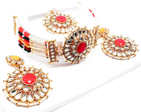 Pearls beaded with Kundan stone beautiful choker necklace with Earrings & Tikka