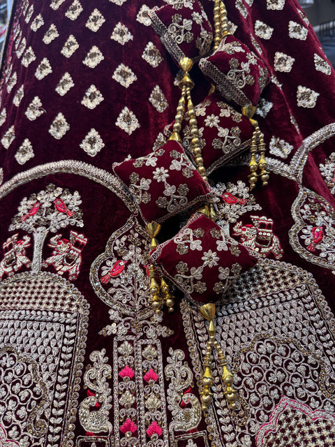 (Video clip attach)Dark maroon color velvet based lehnga with heavy handwork with stones & embroidery work fully heavy flared beautiful designer Readymade Bridal lehnga with very heavy embroidered 2 netting dupatta (heavy latkans attached ) unstitched