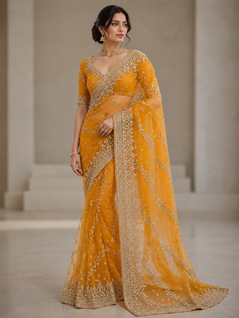 Mustard Heavy work designer Saree with netting base fabric and stones work design all over with heavy embroidery.The Blouse Worn By The Model Is For Reference Purposes Only. The Actual Blouse Piece Comes Attached With Saree(Slight Variations Are Possible)