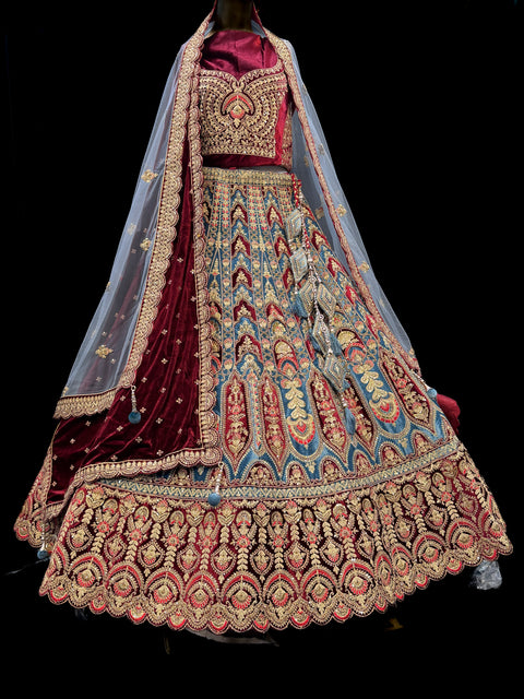 (Video Clip attached)Velvet based hand work with stones work two toned design Heavy Ken ken Bridal designer lehnga with heavy handwork blouse and two Dupatta , with netting and with velvet and heavy latkans