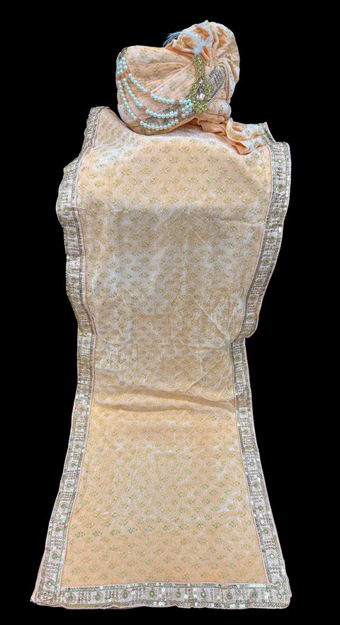 Peach colour velvet based golden printed Dulha Pagdi With dupatta set