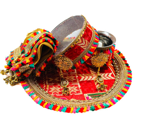 Decorated Karwachauth Thali Set (Thali, Channi, Lota(Kalash) Chunri )(Video Clip Attached )