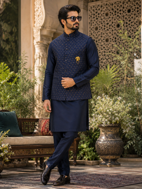Elegant Dark blue kurta set with a premium floral jacquard Nehru jacket, perfect for weddings, festive occasions, and celebrations.
Slight variation in color and design may occur.