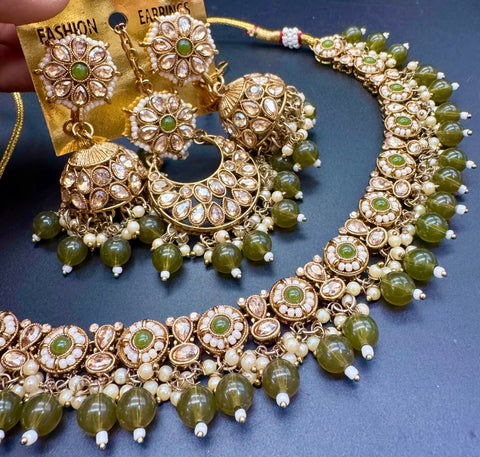 Original Polki stone with pearls beaded work beautiful necklace with jhumka and tikka set